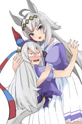 Rule 34 | 2girls, absurdres, ahoge, animal ears, back bow, blue eyes, blue hairband, blush, bow, clothing cutout, commentary request, cowboy shot, ear covers, ear ornament, fangs, grey hair, hair ornament, hairband, harukazetabiji, headband, height difference, highres, horse ears, horse girl, horse tail, hug, long hair, multiple girls, oguri cap (umamusume), open mouth, pleated skirt, puffy short sleeves, puffy sleeves, purple bow, purple shirt, red hairband, red headband, school uniform, shirt, short sleeves, simple background, skirt, summer uniform, tail, tail through clothes, tamamo cross (umamusume), thighhighs, tracen school uniform, two-tone hairband, umamusume, v-shaped eyebrows, very long hair, white background, white hair, white skirt