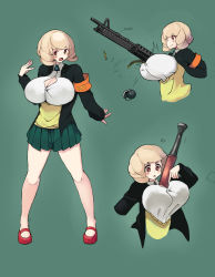 Rule 34 | 1girl, 7.62x51mm nato, absurdres, ammunition, ammunition belt, armband, belt-fed, between breasts, blonde hair, blush, breasts, brown hair, bullet, bursting breasts, cleavage, cleavage purse, commentary, explosive, fragmentation grenade, full-power cartridge, general-purpose machine gun, green background, grenade, gun, hand grenade, highres, huge breasts, kion-kun, legs, lmg cartridge, looking at viewer, m13 link, m1 bazooka, m60, m67 grenade, machine gun, military cartridge, multiple views, open mouth, original, red eyes, rifle cartridge, rocket launcher, rpg, rpg-7, rpg (weapon), short hair, simple background, skirt, smile, standing, sweater vest, thighs, weapon