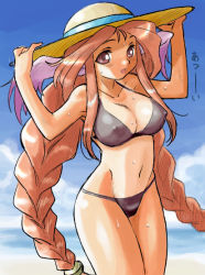 Rule 34 | 1girl, animal ears, beach, blush, braid, breasts, breath of fire, breath of fire iii, cloud, covered navel, day, dr.p, covered erect nipples, hat, large breasts, long hair, momo (breath of fire), navel, ocean, open mouth, orange hair, red eyes, red hair, smile, solo, swimsuit, tan, tanline, twin braids, twintails, very long hair