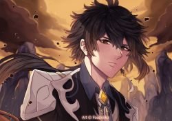 1boy black_hair earrings formal_clothes foudreika genshin_impact hair_between_eyes highres jacket jewelry long_hair looking_at_viewer male_focus single_earring solo suit yellow_eyes zhongli_(genshin_impact)