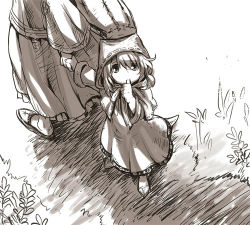 Rule 34 | 2girls, bag, capelet, child, dragon girl, dragon tail, dress, frilled skirt, frills, full body, grey theme, holding hands, long skirt, long sleeves, looking at viewer, looking up, lowres, monochrome, mother and daughter, multiple girls, no socks, original, outdoors, ribbon, ribbon-trimmed headwear, ribbon trim, shoes, skirt, solo focus, standing, tail, thumb sucking, wooni