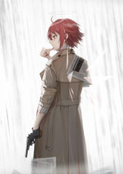 Rule 34 | 1girl, absurdres, ahoge, arknights, black gloves, brown coat, cjmy, coat, commentary request, cowboy shot, exusiai (arknights), from behind, gloves, gun, halo, hand up, handgun, highres, holding, holding gun, holding weapon, long sleeves, profile, red hair, revolver, short hair, single glove, solo, standing, weapon