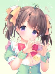 Rule 34 | 1girl, blush, bow, breasts, brown bow, brown hair, closed mouth, collar, commentary request, detached collar, green background, green vest, hair bow, hands up, heart, heart hands, name tag, original, piyodera mucha, puffy short sleeves, puffy sleeves, purple eyes, red bow, shirt, short sleeves, small breasts, smile, solo, twintails, upper body, vest, white collar, white shirt, wing collar, wrist cuffs