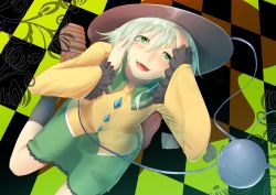 Rule 34 | 1girl, blush, checkered floor, eyeball, fang, female focus, floor, from above, green eyes, green hair, hands on own cheeks, hands on own face, hat, kneeling, komeiji koishi, looking up, matching hair/eyes, mossari poteto, open mouth, short hair, silver hair, skirt, smile, solo, third eye, touhou