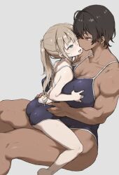 Rule 34 | 2girls, blonde hair, blue eyes, breasts, brown hair, carrying, carrying person, competition school swimsuit, dark-skinned female, dark skin, girl on top, gym uniform, height difference, highres, kei (m k), large breasts, long hair, m k, multiple girls, original, ponytail, red eyes, rika (m k), school swimsuit, short hair, size difference, spread legs, straddling, sweat, swimsuit, tall, tall female, tan, tomboy, upright straddle, wife and wife, yuri
