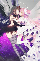 Rule 34 | 2girls, akemi homura, akuma homura, arm around waist, bare shoulders, black dress, black gloves, black hair, black wings, blush, bow, choker, dress, elbow gloves, feathered wings, frilled dress, frills, gloves, hair ribbon, hakusai (tiahszld), hand on another&#039;s arm, high heels, highres, kaname madoka, leg up, long hair, looking at viewer, magical girl, mahou shoujo madoka magica, mahou shoujo madoka magica: hangyaku no monogatari, multiple girls, nebula, parted lips, pink hair, purple eyes, red bow, ribbon, smile, space, thighhighs, two side up, ultimate madoka, very long hair, white choker, white dress, white gloves, winged footwear, wings, yellow eyes, yuri