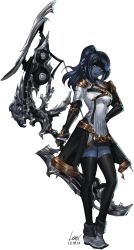 Rule 34 | 1girl, arm guards, armor, au ra, bard (final fantasy), black hair, black skin, black thighhighs, bow (weapon), breasts, closed mouth, colored skin, commission, dragon horns, final fantasy, final fantasy xiv, full body, gloves, grey eyes, hand on own hip, highres, holding, holding weapon, horns, leirix, long hair, looking at viewer, medium breasts, ponytail, scales, shoulder armor, showgirl skirt, signature, smile, solo, standing, thighhighs, transparent background, weapon