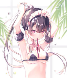 Rule 34 | 1girl, armpits, arms up, bare shoulders, bikini, black bikini, black hair, black sleeves, blurry, blurry background, blurry foreground, breasts, closed mouth, commentary request, depth of field, detached sleeves, flower, hair between eyes, hair flower, hair ornament, humuyun, long hair, looking at viewer, medium breasts, mouth hold, original, plaid, plaid bikini, plaid sleeves, ponytail, puffy short sleeves, puffy sleeves, red eyes, red flower, red ribbon, ribbon, ribbon in mouth, short sleeves, solo, swimsuit, tying hair, upper body, very long hair, water drop, window