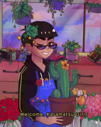 Rule 34 | 1boy, apron, black eyes, black hair, black jacket, blue apron, bulbacactus, cactus, cloud, commentary, drawstring, english commentary, flower, flower shop, grin, hanging plant, highres, hood, hooded jacket, jacket, leaf, long sleeves, looking at viewer, male focus, matsuno karamatsu, one eye closed, osomatsu-kun, osomatsu-san, osomatsu (series), phone, pink flower, plant, potted plant, radio, red flower, red rose, rose, shop, smile, solo, sparkle, standing, subtitled, sunglasses, vines, white flower, white stripes, window, yellow flower