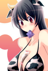 Rule 34 | 1girl, animal ears, animal print, bare shoulders, between breasts, bikini, bikini top only, black hair, blush, body blush, bottle, breasts, collarbone, condom, condom in mouth, cow ears, cow print, female focus, hair between eyes, halterneck, horns, large breasts, long hair, long image, looking down, milk, milk bottle, mouth hold, nagami yuu, original, red eyes, sexually suggestive, shiny skin, solo, swimsuit, tall image, upper body, white background