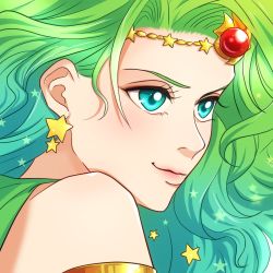 Rule 34 | 1girl, aged up, blue eyes, closed mouth, commentary, final fantasy, final fantasy iv, green hair, hair ornament, highres, long hair, rydia (ff4), sa kichi, simple background, smile, solo, star (symbol), white background