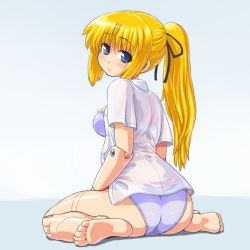 Rule 34 | 10s, arnval, ass, barefoot, blonde hair, blue eyes, bra, busou shinki, dd (ijigendd), doll joints, feet, from behind, full body, joints, lingerie, long hair, looking at viewer, looking back, panties, ponytail, see-through, sitting, soles, toes, underwear, wariza