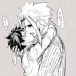 Rule 34 | 10s, 2boys, age difference, all might, blush, boku no hero academia, couple, drooling, formal, freckles, french kiss, from side, half-closed eyes, hand on another&#039;s head, height difference, hug, japanese text, kanji, kiss, licking, male focus, messy hair, midoriya izuku, monochrome, multiple boys, saliva, shaded face, short hair, size difference, speech bubble, suit, sweat, talking, teacher and student, teeth, tongue, tongue out, translated, yagi toshinori, yaoi