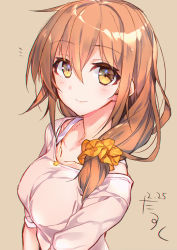 Rule 34 | 1girl, absurdres, alternate costume, alternate hairstyle, artist name, blush, breasts, brown background, brown eyes, brown hair, collarbone, dated, hair between eyes, highres, inazuma (kancolle), jewelry, kantai collection, long hair, long sleeves, medium breasts, narumiya (empty cafe), necklace, aged up, pink shirt, shirt, short sleeves, signature, simple background, smile, solo, upper body