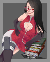Rule 34 | 1girl, absurdres, aged up, alternate breast size, alternate costume, alternate hairstyle, arm support, bandaged leg, bandages, black hair, black thighhighs, book, border, boruto: naruto next generations, breasts, center opening, china dress, chinese clothes, cleavage, cleavage cutout, clothing cutout, crossed legs, curvy, dress, female focus, glasses, grey background, highres, kunai, long hair, looking at viewer, lying, naruto, naruto (series), no bra, pale skin, parted bangs, red-framed eyewear, red dress, red eyes, sharingan, shiny skin, short dress, skindentation, sleeveless, sleeveless dress, smile, solo, thighhighs, uchiha sarada, weapon, wide hips