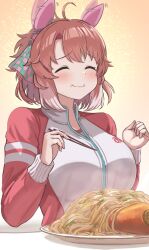 Rule 34 | 1girl, animal ears, blush, breasts, brown hair, carrot, chopsticks, closed eyes, closed mouth, commentary request, dantsu flame (umamusume), ear covers, enumiyaa, food, food on face, gradient background, happy, highres, holding, holding chopsticks, horse ears, horse girl, jacket, large breasts, long sleeves, multicolored hair, noodles, plate, ponytail, red jacket, smile, solo, streaked hair, track jacket, umamusume, upper body, white background, white hair, white jacket, yellow background