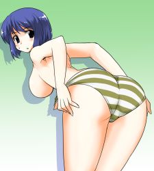 Rule 34 | 1girl, :o, ass, backboob, bad id, bad pixiv id, bent over, blue eyes, blue hair, breasts, female focus, from behind, gradient background, hanging breasts, large breasts, looking at viewer, looking back, matching hair/eyes, mono (moiky), panties, parted lips, short hair, solo, striped clothes, striped panties, sweatdrop, topless, underwear, undressing