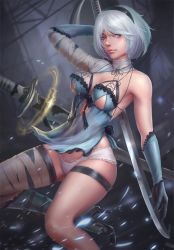 Rule 34 | 1girl, bandages, black hairband, black ribbon, blue dress, blue eyes, blue gloves, boots, breasts, closed mouth, cosplay, dress, gloves, hairband, high heel boots, high heels, highres, holding, holding sword, holding weapon, kaine (nier), kaine (nier) (cosplay), lace, lace panties, looking at viewer, medium breasts, nier, nier (series), nier:automata, no blindfold, panties, peng wang, ribbon, sheath, solo, sword, thigh strap, underwear, unsheathing, weapon, white hair, 2b (nier:automata)