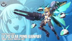 Rule 34 | 1girl, armor, armpits, beam rifle, blonde hair, breasts, cleavage, cleavage cutout, clothing cutout, commentary, dual wielding, energy gun, energy wings, english commentary, english text, faulds, fin funnels, finger on trigger, full body, green wings, headgear, highres, holding, huge weapon, leotard, lineart, long hair, mecha musume, mechanical arms, mechanical legs, medium breasts, navel, nijisanji, nijisanji en, open mouth, pomu rainpuff, pomudachi (pomu rainpuff), railgun, red eyes, revision, robot ears, solo focus, stomach cutout, substance20, teeth, upper teeth only, virtual youtuber, weapon, white leotard, wings