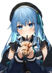 Rule 34 | 1girl, absurdres, alternate costume, beret, black hat, blue eyes, blue hair, blush, bubble tea, commentary request, drinking, hair ornament, hat, highres, hololive, hoshimachi suisei, hoshimachi suisei (streetwear), jacket, long hair, looking at viewer, one side up, simple background, solo, tsukino (nakajimaseiki), virtual youtuber, white background