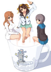 Rule 34 | 3girls, :d, :o, ahoge, arm support, arm up, asahina mikuru, badge, barefoot, blazer, breasts, brown eyes, brown hair, cardigan, cup, dress, feet, from behind, grey hair, hair ribbon, hairband, head tilt, hood, hoodie, in container, in cup, jacket, large breasts, leg up, long hair, looking back, mini person, minigirl, mug, multiple girls, nagato yuki, no pants, open mouth, own hands clasped, own hands together, ribbon, ripples, school uniform, serafuku, shadow, shirt, short hair, simple background, sitting, skirt, smile, soaking feet, suzumiya haruhi, suzumiya haruhi no yuuutsu, sweater, sweater dress, taut clothes, taut shirt, tsuka (blind side), water, waving