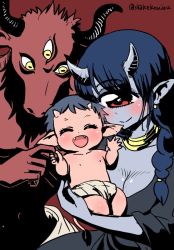 Rule 34 | 1girl, 2boys, :d, baby, blue dress, blue hair, blue skin, blush, breasts, cleavage, closed mouth, collar, colored skin, commentary request, cyclops, demon, diaper, dress, earrings, closed eyes, family, fangs, horns, if they mated, jewelry, large breasts, long sleeves, metal collar, monster girl, multiple boys, one-eyed, one-hour drawing challenge, open mouth, original, pointy ears, red background, red eyes, shake-o, simple background, smile, tail, third eye, twitter username, yellow eyes