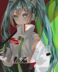 Rule 34 | 1girl, absurdres, aqua hair, black bodysuit, black gloves, bodysuit, closed mouth, commentary request, cropped jacket, flag, gloves, goodsmile racing, green eyes, green gloves, hair between eyes, hand on own hip, hatsune miku, highres, holding, holding flag, jacket, long hair, long sleeves, looking at viewer, racing miku, racing miku (2022), red background, simple background, solo, twintails, two-tone gloves, upper body, very long hair, vocaloid, vptku, white jacket