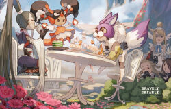 Rule 34 | 6+girls, agnes oblige, animal ears, animal hat, artemia venus, blonde hair, bow, bravely default: flying fairy, bravely default (series), brown eyes, brown hair, bush, cake, cake slice, candy, closed eyes, covering own mouth, cup, day, dress, drinking, edea lee, einheria venus, floating, flower, food, full body, gloves, green hair, hair bow, hat, hiding, high ponytail, holding, holding cup, irono16, konoe kikyou, laughing, long hair, looking at another, multiple girls, on chair, open mouth, outdoors, pillow, pink flower, plate, red dress, short hair, sitting, sky, smile, strawberry shortcake, table, tail, twintails, very long hair, victoria f. stein, white dress