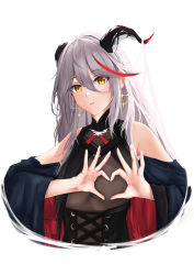 Rule 34 | 1girl, aegir (azur lane), azur lane, bare shoulders, bodystocking, breast curtains, breasts, cross, cross-laced clothes, cross earrings, demon horns, earrings, hair between eyes, hair on horn, heart-shaped boob challenge, highres, horns, jewelry, large breasts, looking at viewer, multicolored hair, red hair, silver hair, simple background, skin tight, solo, streaked hair, turboflower, two-tone hair, underbust, upper body, white background, yellow eyes