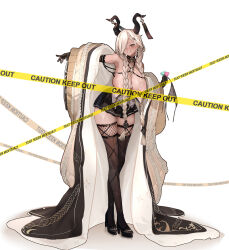Rule 34 | 1girl, absurdres, azur lane, black footwear, black gloves, black horns, black skirt, blonde hair, braid, breasts, breasts out, brown thighhighs, cable knit, caution tape, censored, cleavage, coat, commentary, condom, condom wrapper, cum, cum on body, cum on breasts, cum on gloves, cum on upper body, dark-skinned female, dark skin, full body, gloves, grin, hair ornament, hair over one eye, high heels, highres, holding, holding condom, horn ornament, horns, huge breasts, large horns, leaning forward, long bangs, long hair, long sleeves, looking at viewer, low twin braids, miniskirt, mole, mole under mouth, open clothes, open coat, outstretched arm, owari (azur lane), pleated skirt, shoes, simple background, skirt, smile, solo, thighhighs, twin braids, very long hair, white background, wide sleeves, yellow eyes, yoyoleaf, zettai ryouiki