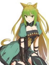 Rule 34 | 1girl, ahoge, animal ears, atalanta (fate), blonde hair, blush, braid, breasts, cat ears, cat tail, collarbone, commentary request, elfenlied22, fate/grand order, fate (series), gloves, gradient hair, green eyes, green hair, hair between eyes, highres, long hair, looking at viewer, multicolored hair, open mouth, simple background, solo, tail, thighhighs, two-tone hair, very long hair, white background
