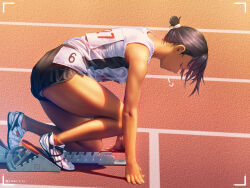 1girl a.x. absurdres bare_arms black_hair black_shorts closed_eyes commentary_request highres orange_socks original outdoors shirt short_hair short_shorts shorts sidelocks sleeveless sleeveless_shirt socks solo starting_position thighs track_and_field viewfinder white_shirt