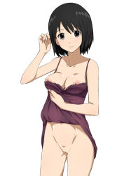 Rule 34 | 00s, 1girl, black hair, breasts, brown eyes, camisole, cleavage, cleft of venus, clothes lift, cowboy shot, dress, dress lift, groin, ichihisa, looking at viewer, medium breasts, nakahara misaki, nhk ni youkoso!, nipples, no bra, no panties, pussy, short hair, simple background, smile, solo, standing, sweatdrop, uncensored, white background