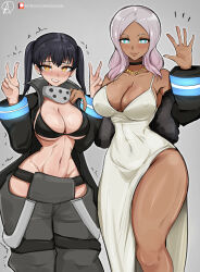 Rule 34 | 2girls, absurdres, almualim, bare shoulders, black hair, blue eyes, blush, breasts, choker, dress, embarrassed, en&#039;en no shouboutai, female focus, firefighter, hibana (enen no shouboutai), highres, jacket, jewelry, large breasts, looking at viewer, midriff, multiple girls, navel, necklace, pink hair, revealing clothes, tamaki kotatsu, thick thighs, thighs, underboob, v, yellow eyes