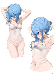 Rule 34 | 1girl, armpits, arms behind head, arms up, blue eyes, blue hair, breasts, camisole, cropped legs, cropped torso, feint721, hair tie in mouth, highres, hololive, hoshimachi suisei, looking down, mouth hold, multiple views, navel, paid reward available, panties, side ponytail, sidelocks, simple background, small breasts, thigh gap, thigh strap, tying hair, underwear, virtual youtuber, wavy hair, white background, white camisole, white panties