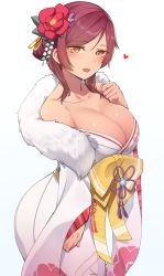 Rule 34 | 1girl, :d, bare shoulders, blue background, blush, bow, breasts, cleavage, collarbone, flower, from side, girls&#039; frontline, gradient background, hair bun, hair flower, hair ornament, hand on own chest, heart, heart-shaped pupils, highres, japanese clothes, k0ng, kimono, kimono pull, large breasts, long sleeves, looking at viewer, looking to the side, obi, off shoulder, official alternate costume, open mouth, orange eyes, parted bangs, red flower, red hair, saiga-12 (girls&#039; frontline), saiga-12 (visitor of bountiful blossoms) (girls&#039; frontline), sash, shawl, short hair, single hair bun, smile, solo, symbol-shaped pupils, white kimono, wide sleeves, yellow bow