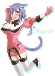 Rule 34 | 10s, 1girl, animal ears, blue eyes, blue hair, blush, breasts, cat ears, cat tail, cleavage, final fantasy, final fantasy xiv, garter belt, gloves, large breasts, matching hair/eyes, miqo&#039;te, open mouth, robina, solo, tail, thighhighs, warrior of light (ff14), white thighhighs