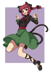 Rule 34 | 1girl, :d, adapted costume, animal ear fluff, black bow, black footwear, border, bow, bowtie, braid, cat tail, dress, floating hair, foot up, footwear bow, full body, green dress, hair bow, hair ribbon, hands up, highres, kaenbyou rin, long sleeves, multiple tails, nekomata, one-hour drawing challenge, open mouth, outside border, paw pose, purple background, red bow, red bowtie, red eyes, red hair, renshirenji, ribbon, simple background, smile, solo, tail, teeth, tongue, touhou, tress ribbon, twin braids, twintails, two tails, upper teeth only, white border