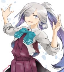 Rule 34 | 1girl, ahoge, asashimo (kancolle), asashimo kai ni (kancolle), blazer, commentary request, cowboy shot, dress, fang, grey eyes, grey hair, grey jacket, hair over one eye, jacket, kantai collection, long sleeves, looking at viewer, pleated dress, ponytail, purple dress, school uniform, solo, tsukasa (tukasa br), w arms, white background
