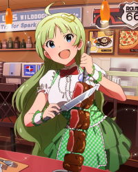 Rule 34 | 10s, 1girl, :d, ahoge, aqua eyes, food, green hair, hair ornament, hairband, heart hair ornament, idolmaster, idolmaster million live!, knife, long hair, looking at viewer, meat, official art, open mouth, restaurant, route 66, shimabara elena, smile, solo, waitress