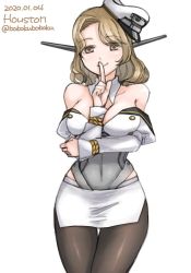 Rule 34 | 1girl, bare shoulders, black pantyhose, blonde hair, bobokuboboku, breasts, brown eyes, brown hair, commentary request, corset, cowboy shot, finger to mouth, hat, headgear, houston (kancolle), kantai collection, large breasts, long sleeves, looking at viewer, military, military uniform, one-hour drawing challenge, pantyhose, peaked cap, pencil skirt, short hair, simple background, skirt, smile, solo, thigh gap, thighband pantyhose, uniform, white background, white skirt