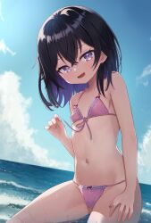 Rule 34 | 1girl, absurdres, bare shoulders, bikini, black hair, blue sky, blush, breasts, cloud, commentary request, commission, cowboy shot, day, fang, frilled bikini, frills, front-tie bikini top, front-tie top, furrowed brow, hair between eyes, heart, heart in eye, highres, looking at viewer, medium hair, navel, ocean, open mouth, original, outdoors, pink bikini, purple eyes, sese nagi, skeb commission, sky, small breasts, smile, solo, stomach, sweatdrop, swimsuit, symbol in eye, variant set, wet