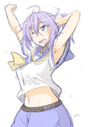 Rule 34 | 10s, 1girl, ahoge, aoba (kancolle), armpits, arms up, artist name, belt, blue eyes, breasts, fue (rhomphair), hair between eyes, kantai collection, large breasts, messy hair, navel, one eye closed, open mouth, ponytail, purple hair, school uniform, serafuku, short hair, shorts, signature, simple background, smile, solo, stretching, sweat, white background