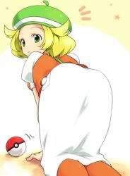 Rule 34 | 10s, 1girl, ^^^, all fours, ass, bianca (pokemon), blonde hair, creatures (company), from behind, game freak, green eyes, hat, looking back, nintendo, pantyhose, poke ball, poke ball (basic), pokemon, pokemon bw, solo, soumendaze