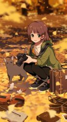 Rule 34 | 1girl, animal, arisa (aren), bird, black-framed eyewear, black eyes, black footwear, black pants, blurry, blurry background, blush, book, bow (music), brown bird, brown hair, camera, cat, commentary request, dot nose, full body, glasses, green eyes, green jacket, grey cat, grin, highres, holding, holding camera, hood, hood down, hooded jacket, instrument, jacket, leaf, long sleeves, looking at viewer, medium hair, open book, orange jacket, orange theme, original, pants, shirt, shoes, short hair, signature, smile, sneakers, solo, squatting, strap, suitcase, t-shirt, two-sided fabric, two-sided jacket, unworn eyewear, violin, white shirt, wind