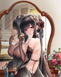 Rule 34 | 1girl, azur lane, black hair, breasts, chen hai (azur lane), chen hai (vestibule of wonders) (azur lane), cosmetics, elbow gloves, flower, from behind, gloves, hair flower, hair ornament, highres, holding, holding lipstick tube, huge breasts, lipstick tube, long hair, looking at viewer, looking back, mirror, parted lips, red eyes, red flower, red lips, red rose, rose, shoulder blades, solo, upper body, very long hair, white flower, yuli you gua