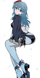 Rule 34 | 1girl, ankle cuffs, ass, back, bare legs, bikini, black bikini, black footwear, blue eyes, blue hair, breasts, byleth (female) (fire emblem), byleth (female) (summer) (fire emblem), byleth (fire emblem), commentary, eyelashes, fire emblem, fire emblem: three houses, fire emblem heroes, flower, full body, grin, hair between eyes, hair flower, hair ornament, hibiscus, high heels, highres, ijiro suika, invisible chair, long hair, looking at viewer, medium breasts, nintendo, official alternate costume, shawl, simple background, sitting, smile, solo, swimsuit, thighs, white background