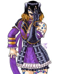 Rule 34 | 1girl, aaronhibiki, black gloves, black hair, bloodstained: curse of the moon, bloodstained: ritual of the night, bloodstained (series), detached sleeves, flower, flower tattoo, gauntlets, gloves, hair between eyes, hair ornament, highres, horns, jojo no kimyou na bouken, jojo pose, looking at viewer, miriam (bloodstained), multicolored hair, pale skin, scarf, short hair, skirt, smile, solo, tattoo, xxxhibiki