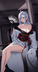 Rule 34 | 1girl, absurdres, alternate costume, bakemonsou, bare shoulders, black choker, black kimono, blue eyes, braid, breasts, bridal gauntlets, choker, cleavage, closed mouth, collarbone, commentary request, earrings, eyes visible through hair, feet out of frame, folding fan, genshin impact, grey hair, hair over one eye, hand fan, hand up, highres, holding, holding fan, indoors, japanese clothes, jewelry, katana, kimono, large breasts, light particles, long hair, looking at viewer, low-braided long hair, low-tied long hair, obi, off shoulder, sash, shenhe (genshin impact), sitting, solo, sword, tassel, tassel earrings, thighs, two-tone kimono, very long hair, weapon, white kimono, wide sleeves