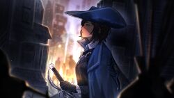 Rule 34 | 1girl, 3others, black gloves, black vest, blue cape, blue headwear, blue necktie, blurry, blurry background, blurry foreground, brown hair, cape, cavalier hat, closed mouth, collared shirt, ear piercing, from side, game cg, gloves, highres, holding, holding weapon, limbus company, long sleeves, multiple others, nai ga, necktie, official art, orange eyes, outdoors, outis (project moon), piercing, project moon, shirt, short hair, solo focus, vest, weapon, white shirt, wing collar